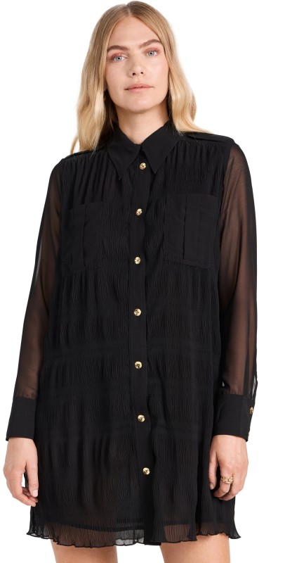 GANNI Pleated Georgette Shirt Dress Black