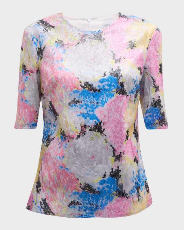 Painted Floral Sequin Mesh Sequin Fitted T-Shirt