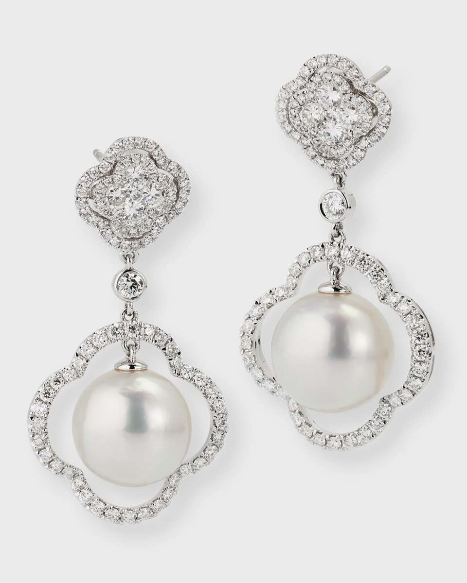 18K White Gold Pave Diamond and South Sea Pearl Earrings
