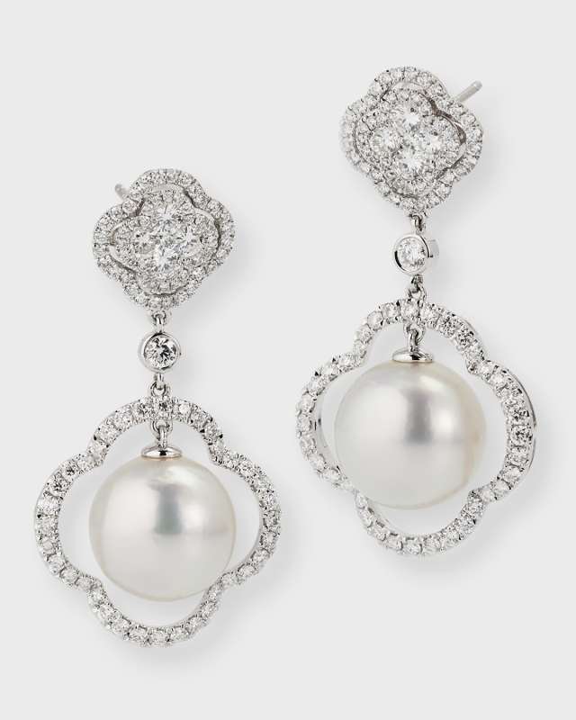 18K White Gold Pave Diamond and South Sea Pearl Earrings