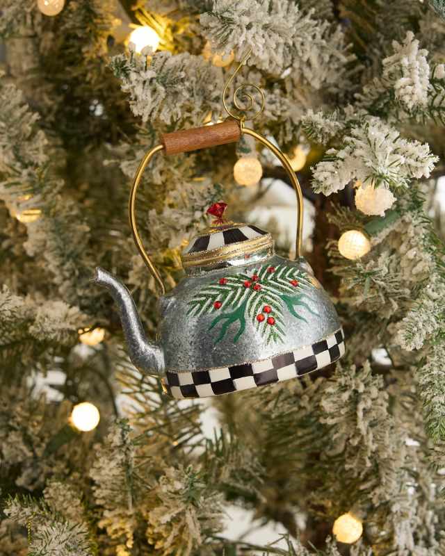 Farmhouse Holiday Tea Kettle Glass Ornament