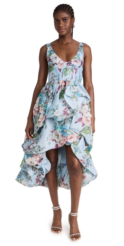 Zimmermann Matchmaker Drape Midi Dress Blue Barkcloth Print