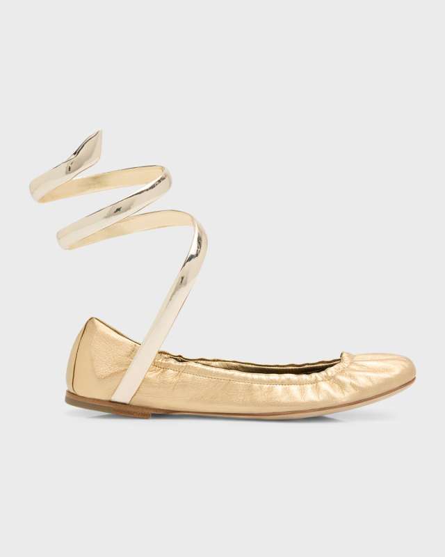 Metallic Snake-Wrap Ballerina Flats