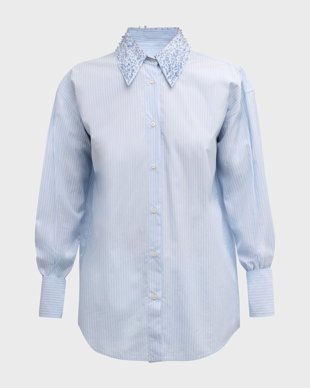 Beaded Striped Cotton Poplin Boyfriend Shirt