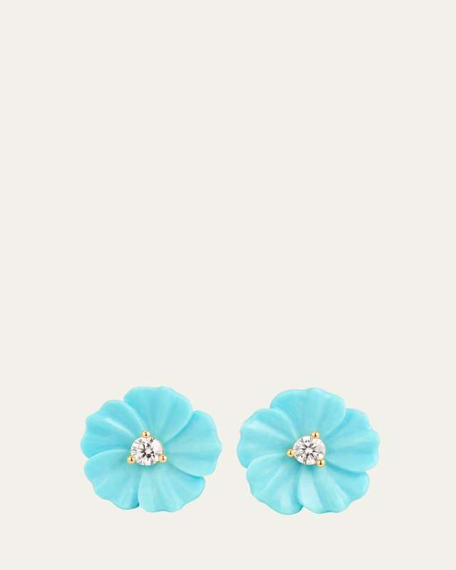 18K Yellow Gold Turquoise Flower Stud Earrings with Diamonds
