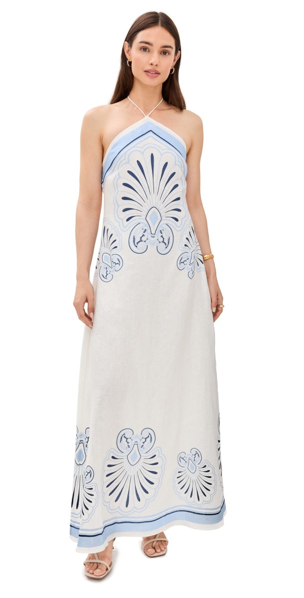 Shani Shemer Eleanor Linen Maxi Dress Blue Sky Flowers