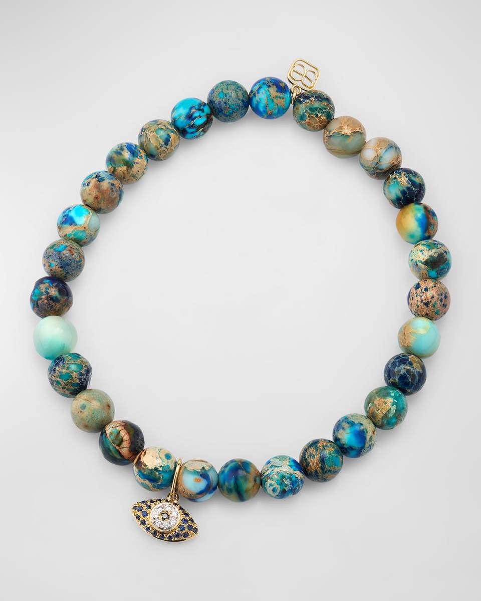 Mini Puffy Eye Sapphire Charm on Jasper Beaded Bracelet