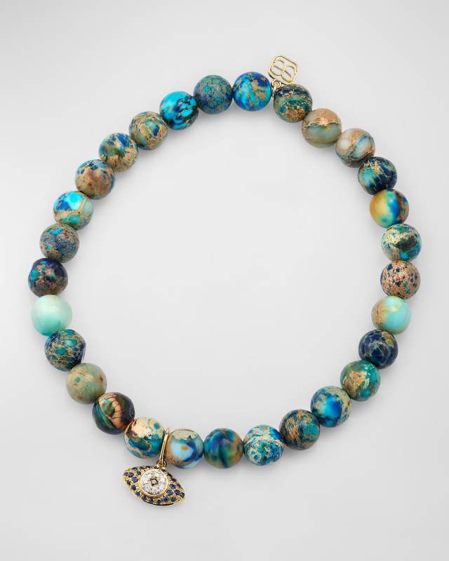 Mini Puffy Eye Sapphire Charm on Jasper Beaded Bracelet
