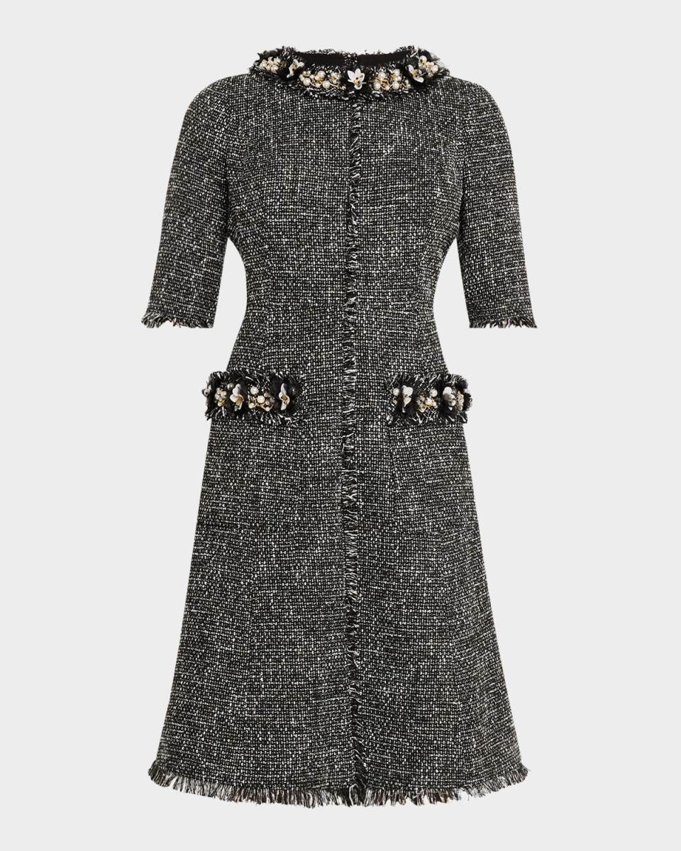 Bead & Pearl-Embellished Tweed Midi Dress