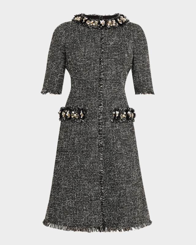Bead & Pearl-Embellished Tweed Midi Dress