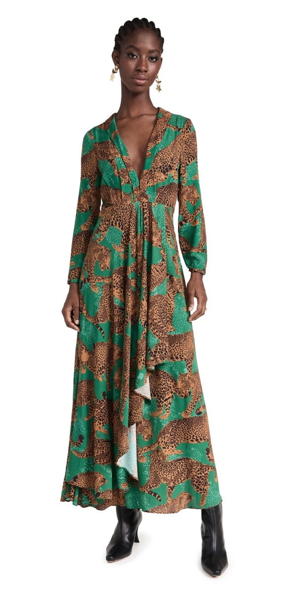 FARM Rio Artsyeopards Greenong Sleeve V Neckline Maxi Dress Artsyeopards Green