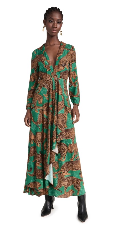 FARM Rio Artsyeopards Greenong Sleeve V Neckline Maxi Dress Artsyeopards Green