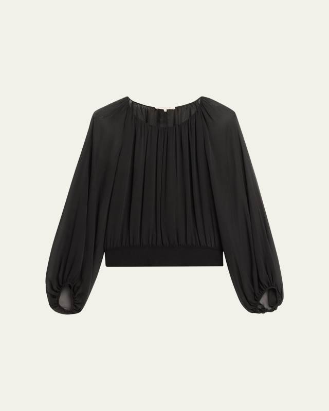 Ruched Balloon-Sleeve Silk Georgette Blous