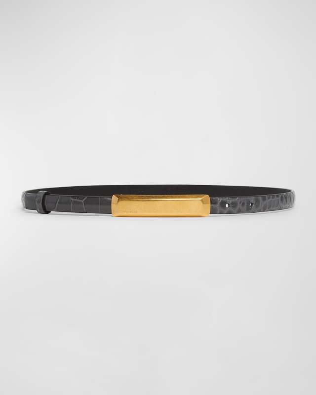 Croc-Embossed Leather Skinny Belt