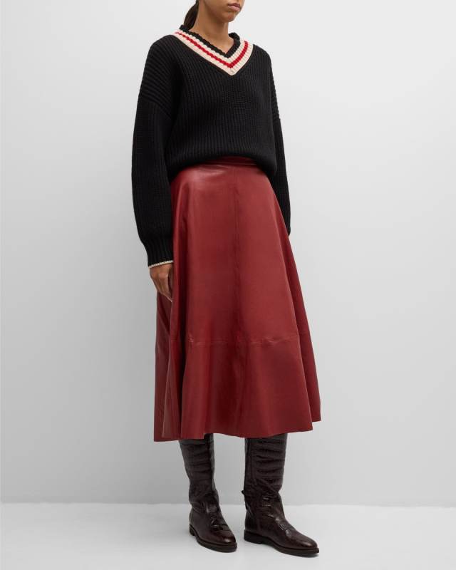 Natural Washed Leather Midi Circle Skirt