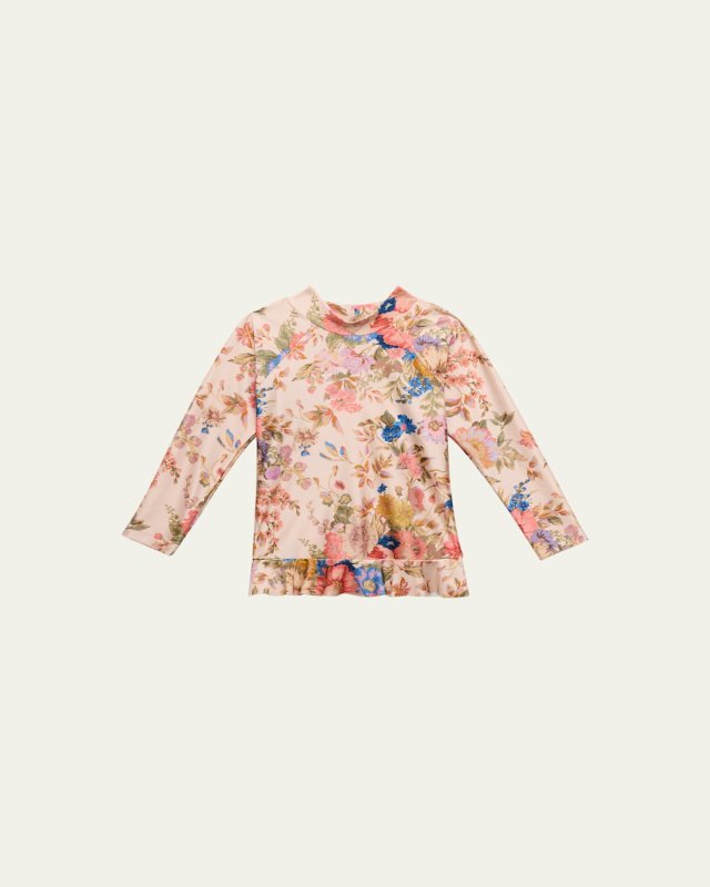 Girl's August Frill Floral-Print Rashguard, Size 1-10
