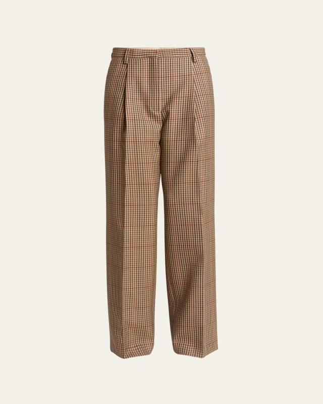 Porter Wool Check Pleated Wide-Leg Pants