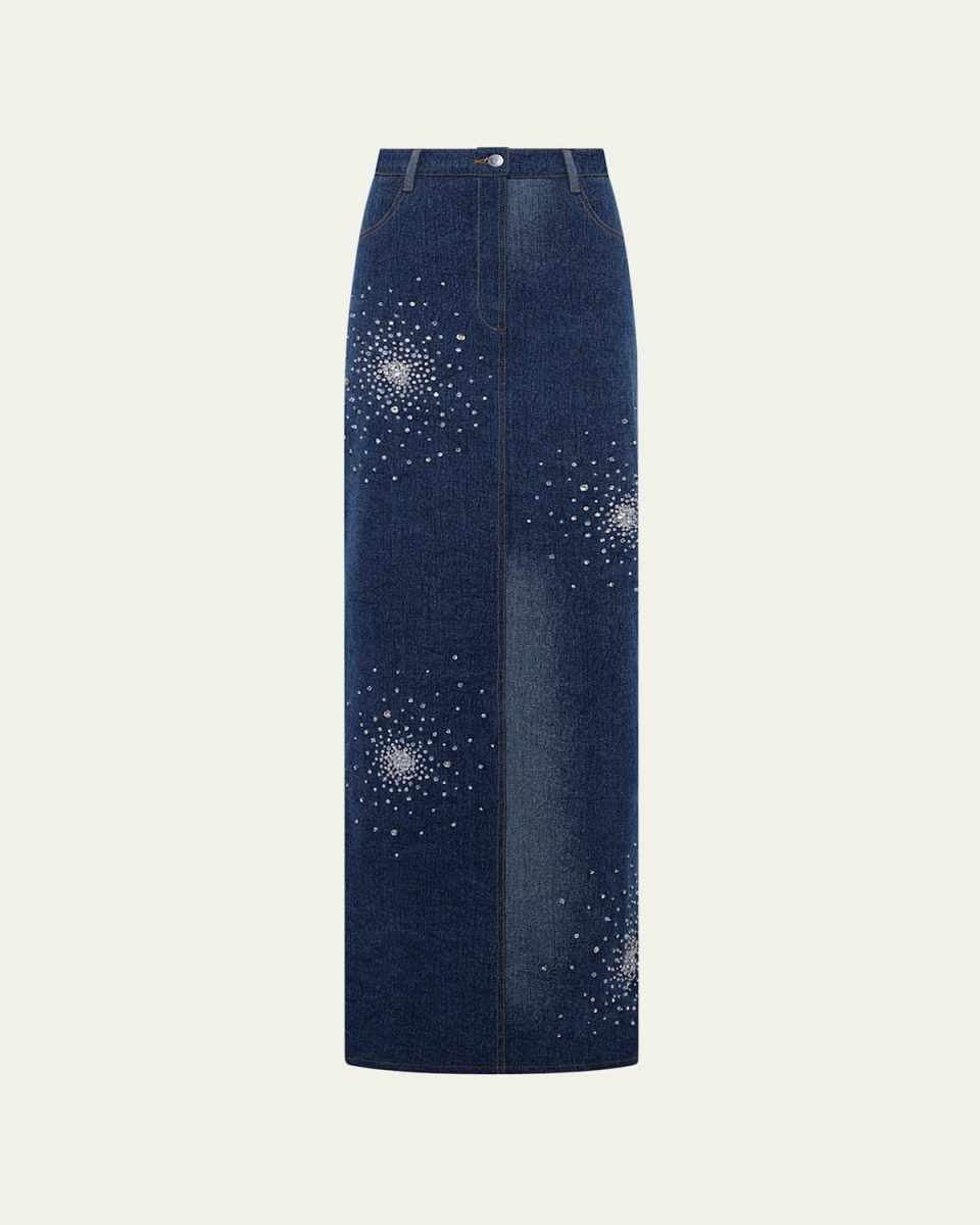 Crystal Embroidered Denim Maxi Skirt