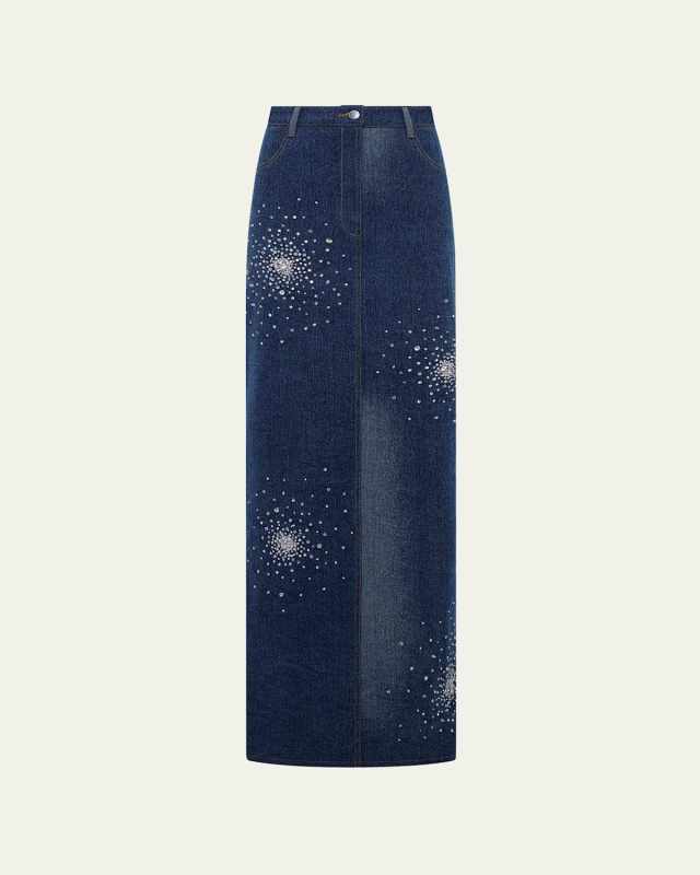 Crystal Embroidered Denim Maxi Skirt