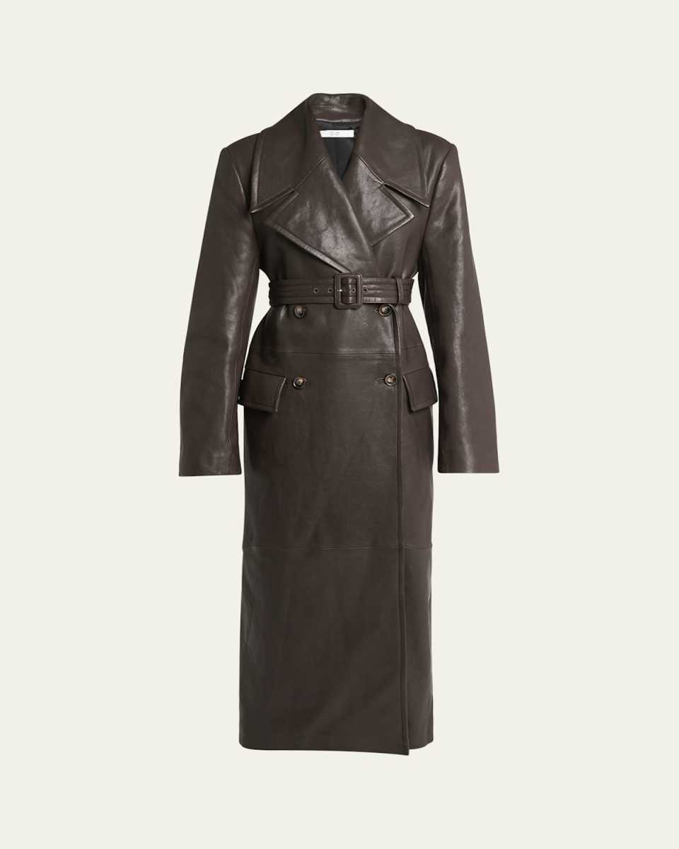 Long Belted Leather Double-Breast Coat