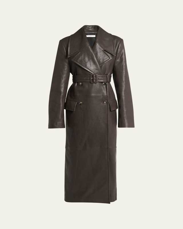 Long Belted Leather Double-Breast Coat