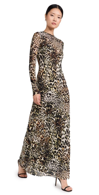 AFRM Paola Crewneck Semi Sheer Dress with Mesh Slip Fall Animal