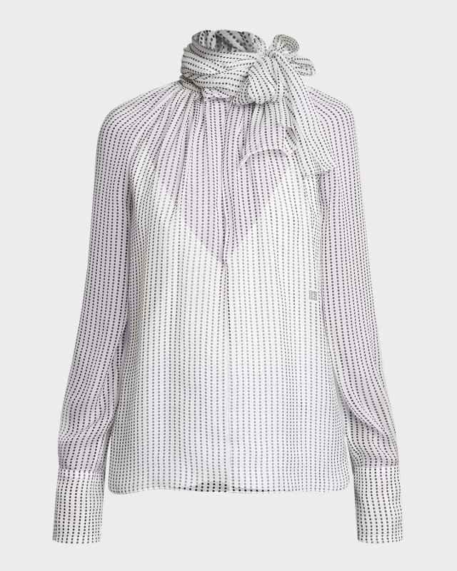 Tie-Neck Sheer Dotted Silk Blouse