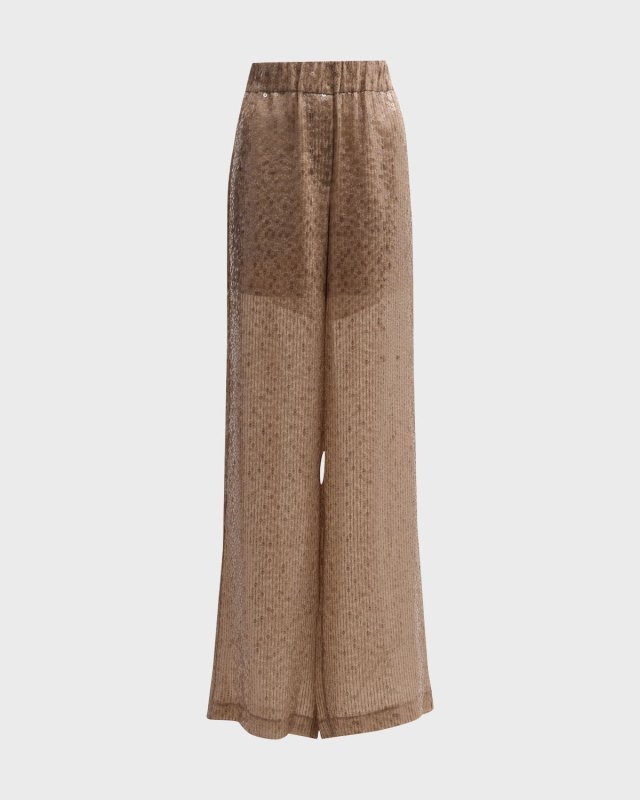 Crispy Silk Paillette Wide-Leg Pull-On Pants