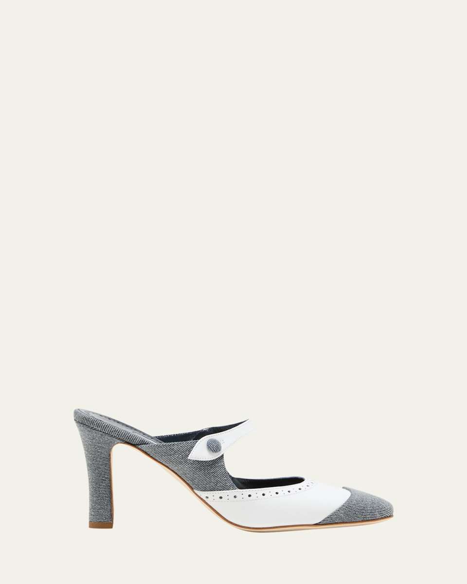 Agathanu Denim Perforated Leather Mule Pumps