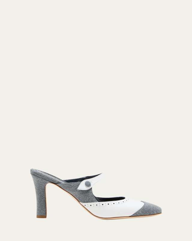 Agathanu Denim Perforated Leather Mule Pumps