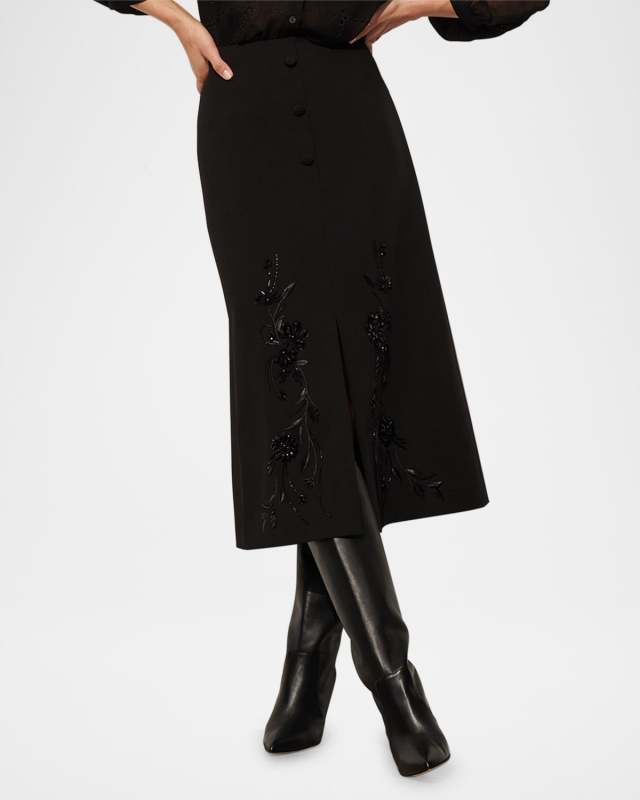 Ophelia Crystal Embroidered Slit Midi Skirt