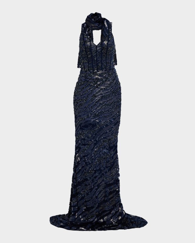 Strapless Beaded Gown with Sash