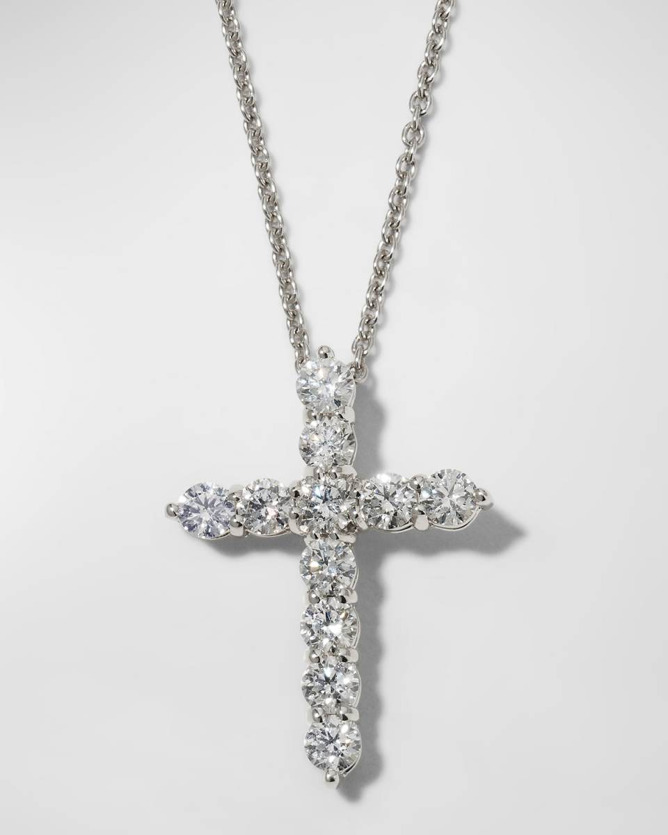 16" White Gold Lg Diamond Cross Pendant Necklace