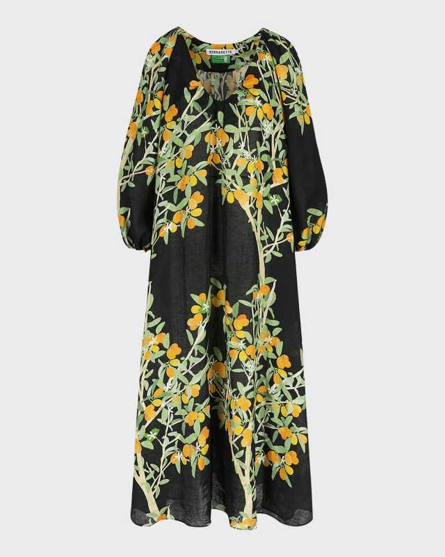 Flower Printed Linen Maxi Dress