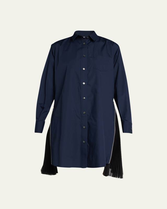Pleated-Side Long Button-Front Shirtdress