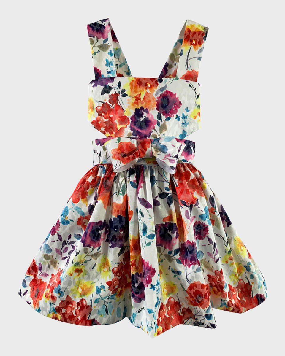 Girl's Cutout Bow Floral Sundress, Size 7-14