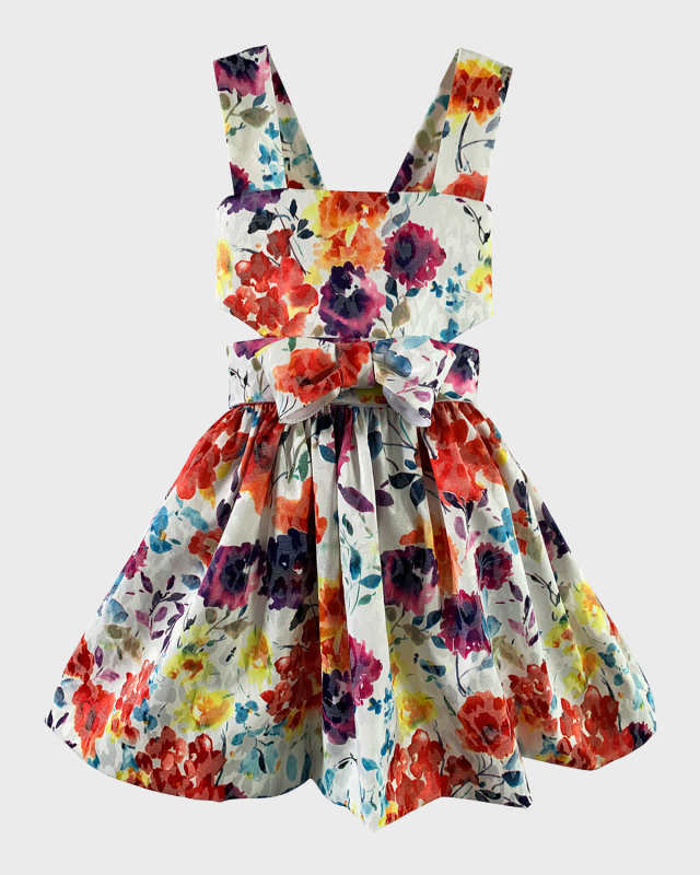 Girl's Cutout Bow Floral Sundress, Size 7-14