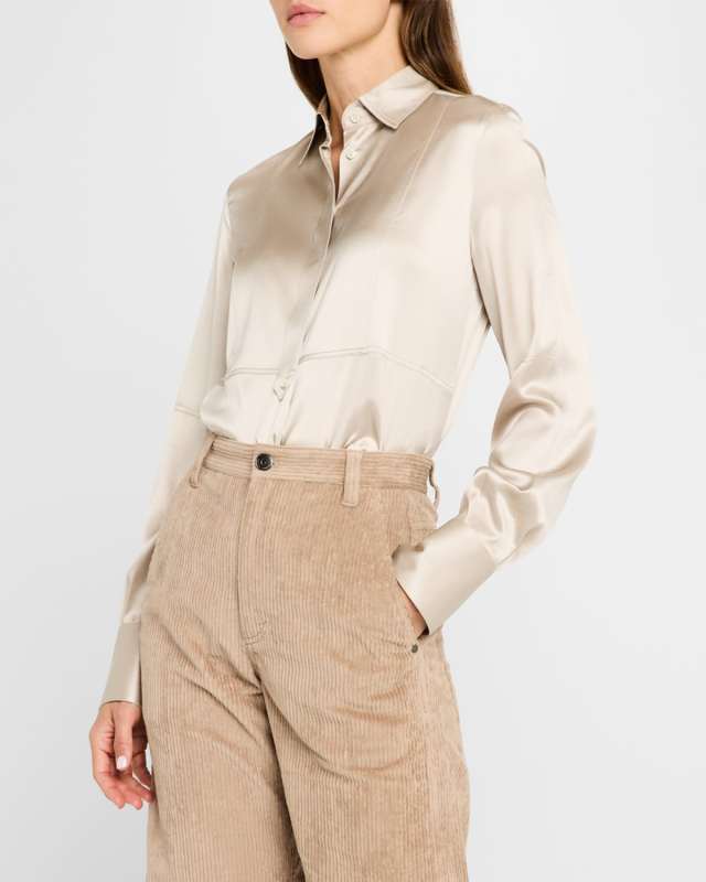Bib-Front Long-Sleeve Silk Satin Stretch Blouse