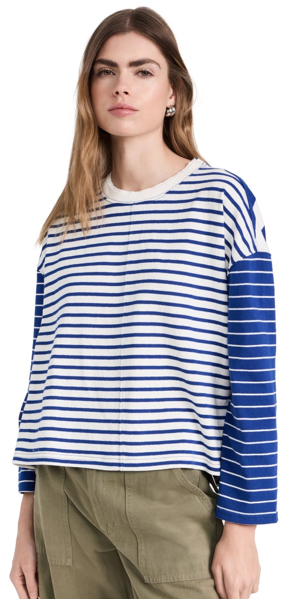 Madewell Easy Long Sleeve Rugby Tee in Contrasting Stripes COLOR BLOCK PURE BLUE
