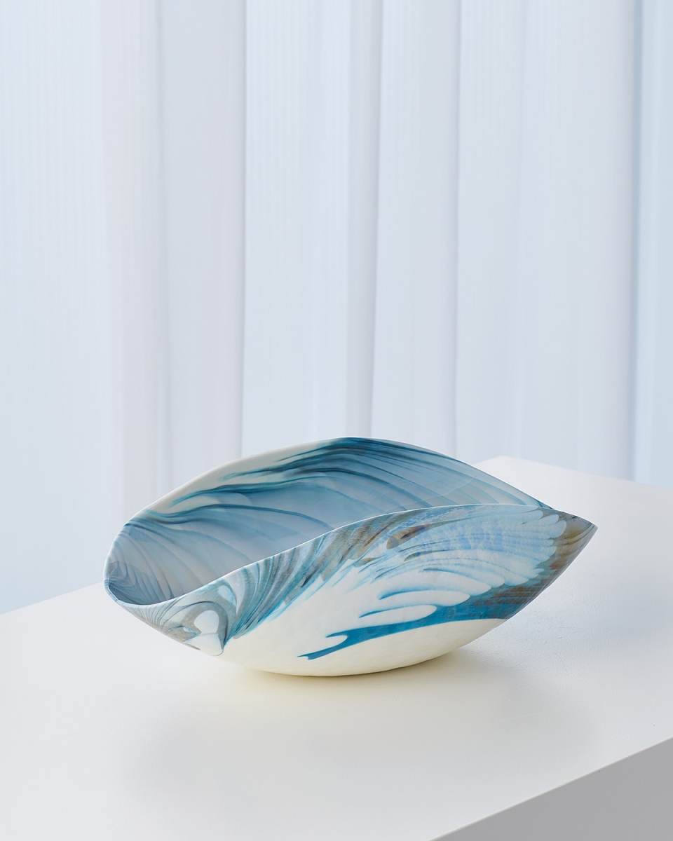 Ivory Turquoise Feather Swirl Folded Oval bowl