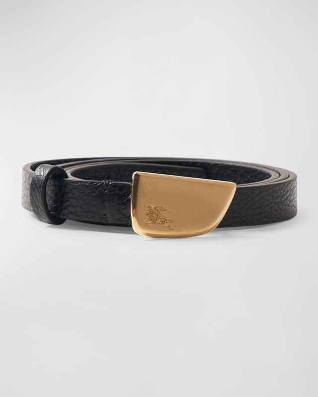 Brushed Shield Buckled Black Leather Skinny Belt