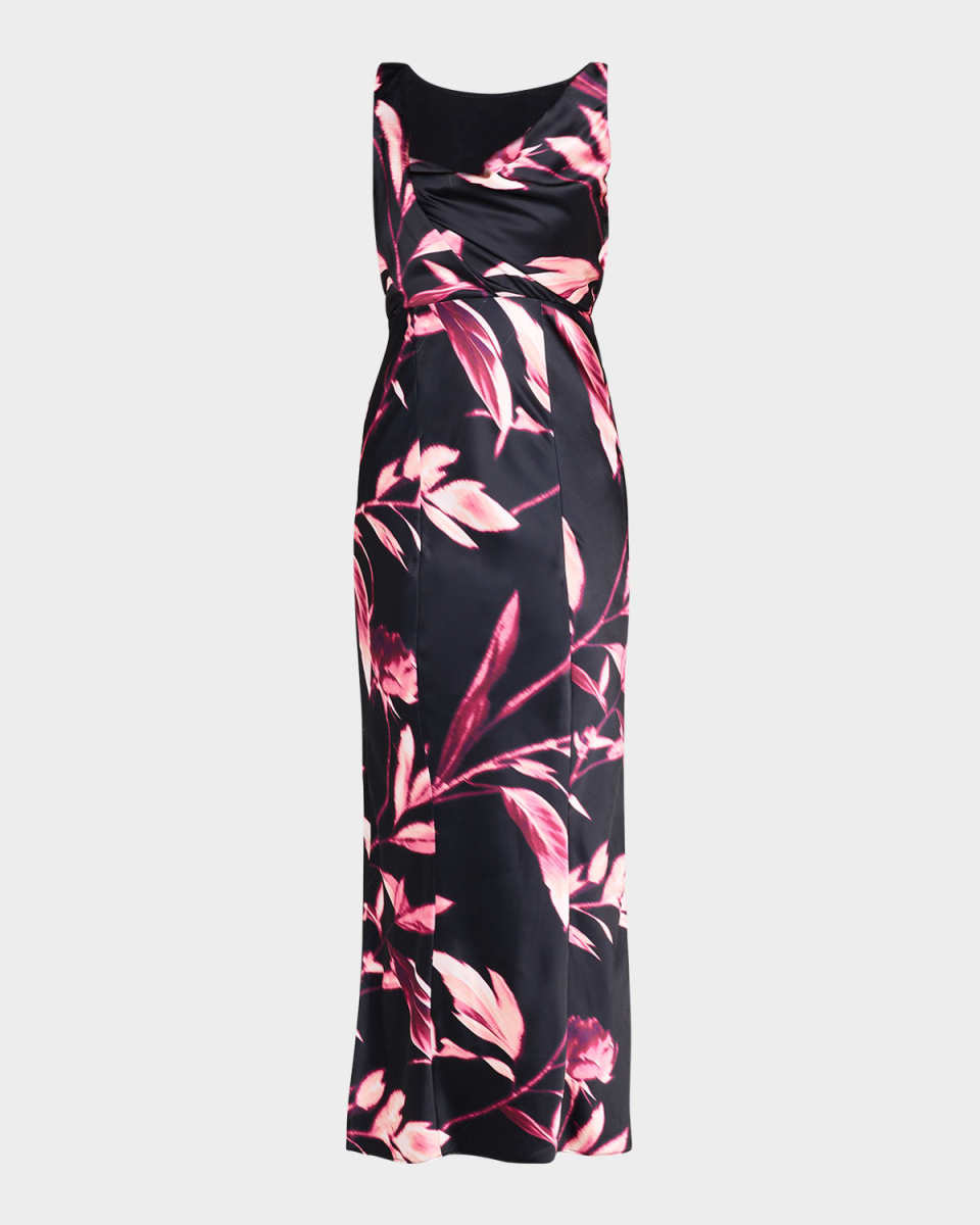 Crescent Cowl-Neck Blur-Print Sleeveless Maxi Dress