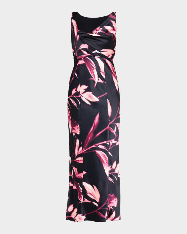 Crescent Cowl-Neck Blur-Print Sleeveless Maxi Dress