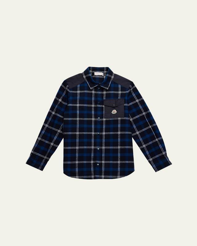 Boy's Plaid-Print Shirt W/ Silicone Logo Patch, Size 8-14