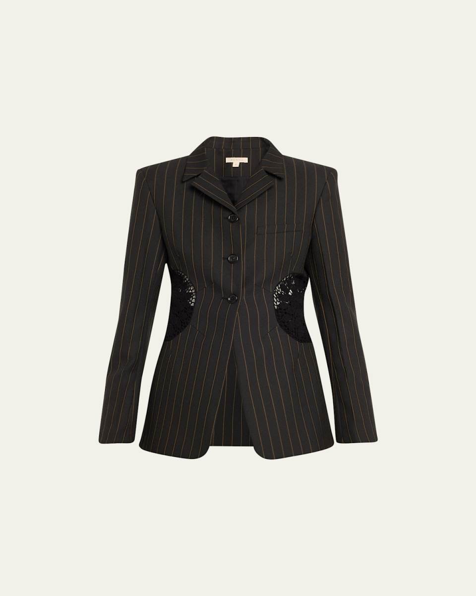 Long Tower Pinstripe Blazer with Crochet Insert