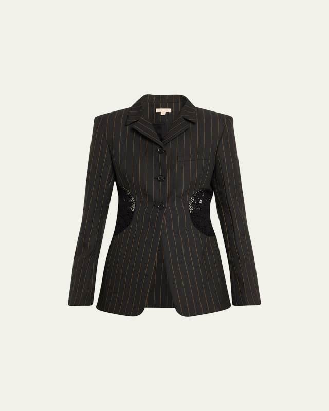 Long Tower Pinstripe Blazer with Crochet Insert