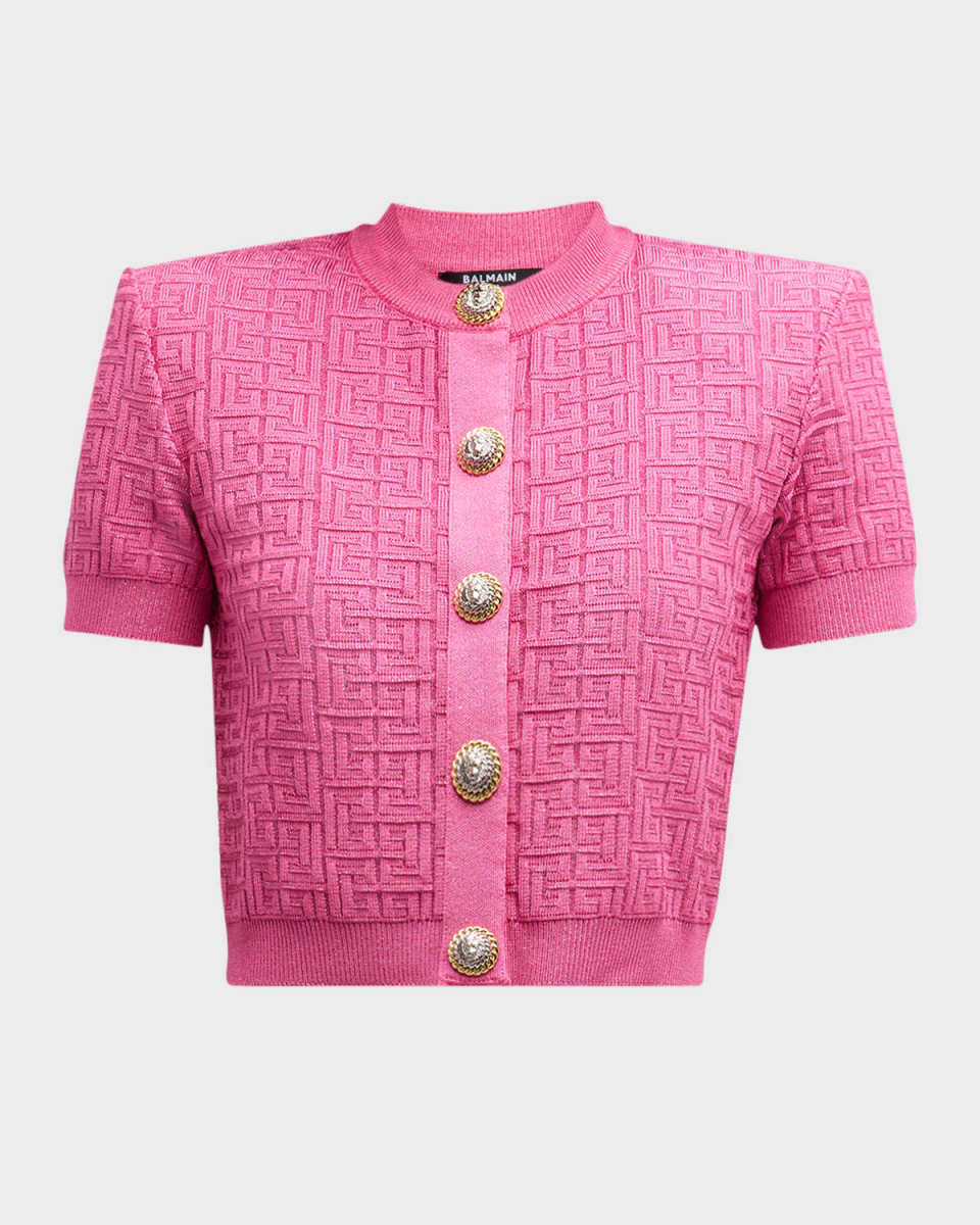 Monogram Glitter Button-Front Cardigan