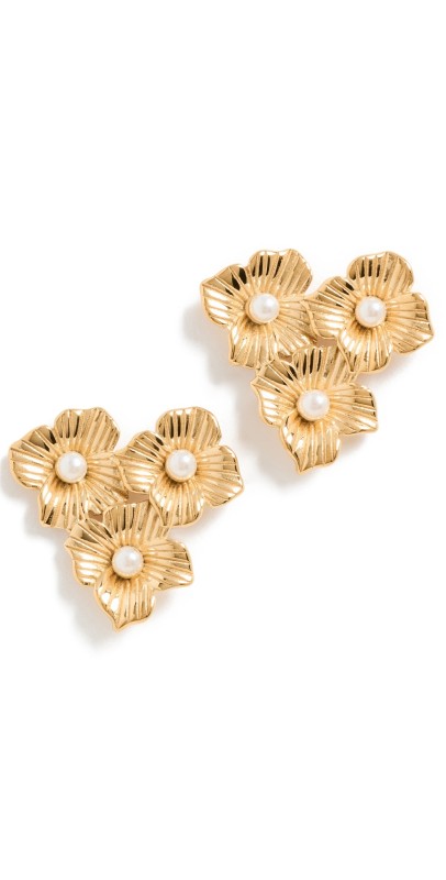 By Adina Eden Triple Pearl Flower Stud Earrings Gold