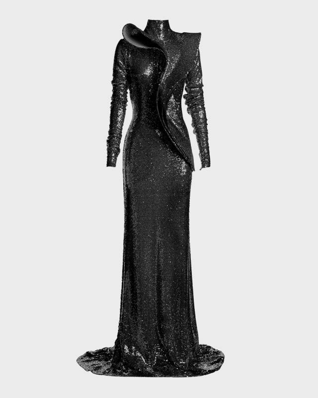 Orbital Sequined Ruffle Long-Sleeve Gown