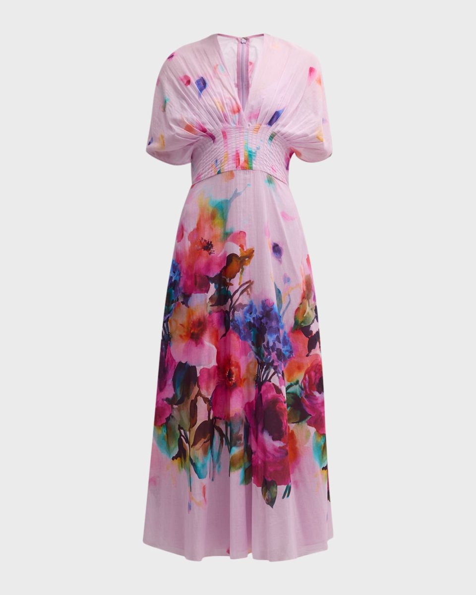 Isabel Watercolor Floral-Print Short-Sleeve Pleated-Waist Midi Dress